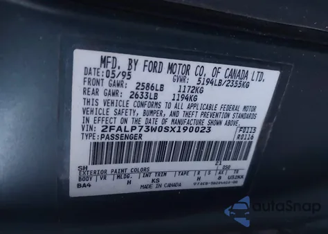 1995 Ford Crown Victoria z USA, uszkodzony, nr VIN 2FALP73W0SX190023